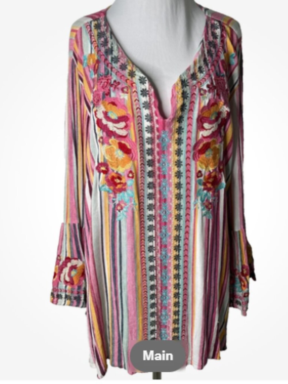 Women's Multicolor Striped Embroidered Floral Bell Sleeve Tunic 3X GORGEOUS!